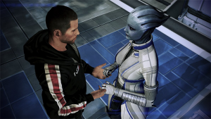 Shepard and Liara, a squad member in Mass Effect 1 and 3, sharing an intimate moment.